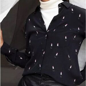 Rails 100% Silk Black Lipstick Print KATE Long Sleeve Blouse sz Small